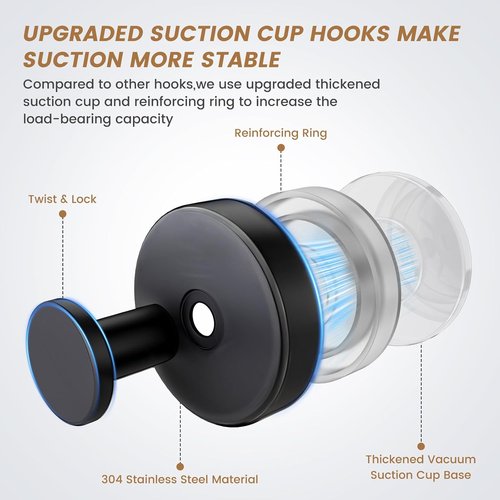 BKV Suction Cup Hooks - Removable Shower Hooks for Glass Windows | 2-Pack Black Metal Towel Hooks