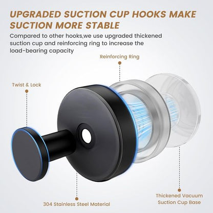 BKV Suction Cup Hooks - Removable Shower Hooks for Glass Windows | 2-Pack Black Metal Towel Hooks
