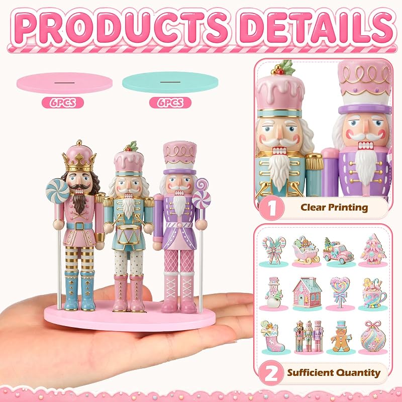 Candy Themed Christmas Table Decor Set, 12 Wooden Centerpieces – Pink Pastel Nutcracker, Snowman, Truck & Gingerbread (Variation: Candy)