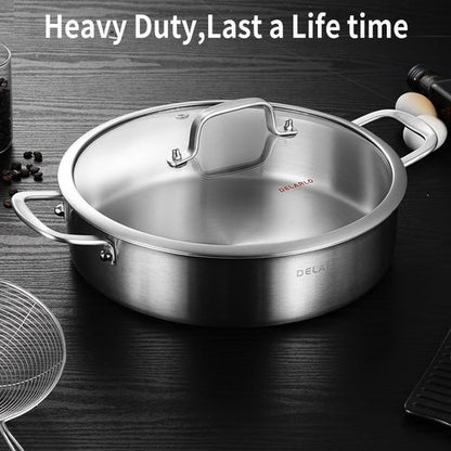 DELARLO 5.5QT Tri-Ply Stainless Steel Saute Pan With Lid, 12.3inch Braiser Pans, Large Frying pan,18/10 Induction Skillet with Glass Lids, Efficent Fast pan for Boiling, Braising, Stewing, Sautéing