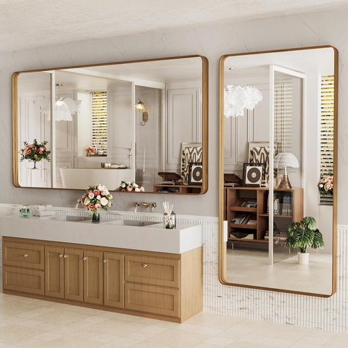 LOAAO Bathroom Mirror - 84x32 Inch Rounded Rectangle Design with Wood Grain Metal Frame | Anti-Rust, Versatile Hanging Options