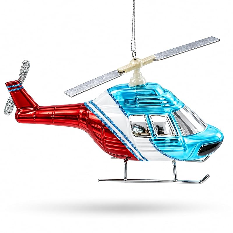 Blue Red Helicopter Glass Christmas Ornament