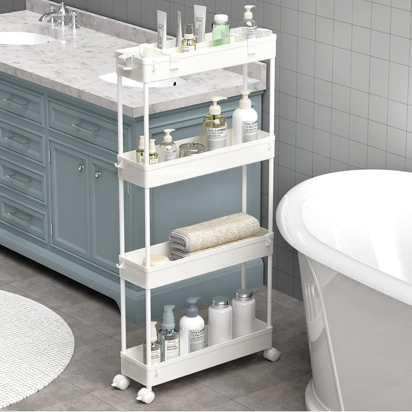 SPACELEAD Slim Storage Cart - 4-Tier Rolling Utility Organizer for Bathroom, Kitchen & Laundry | White