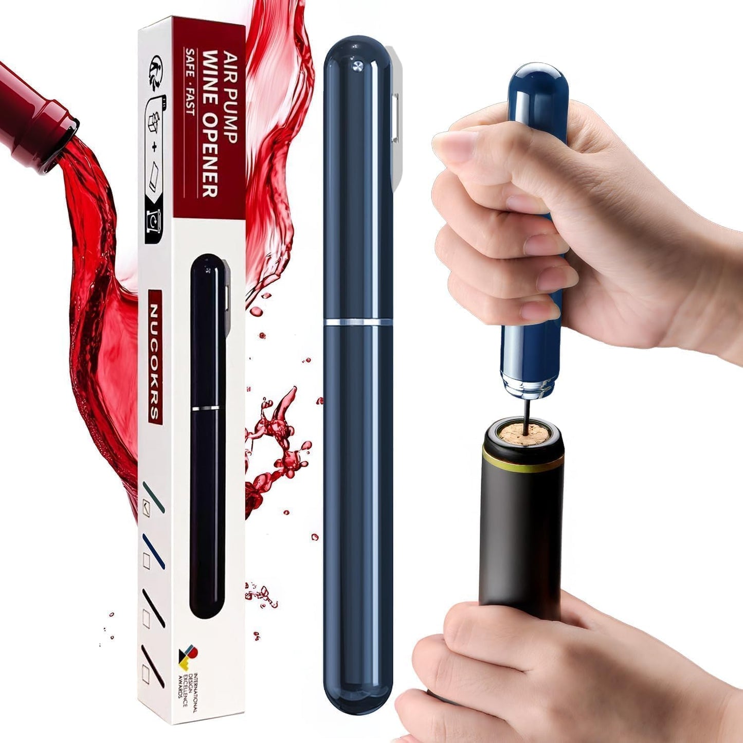 Wine Bottle Opener with Foil Cutter - NUCOKRS Air Pump Aeropop Corkscrew, Pen Style Opens in 3-7 Pumps, Effortless & No Damage to Cork, Compact Gift for Wine Lovers (Blue)