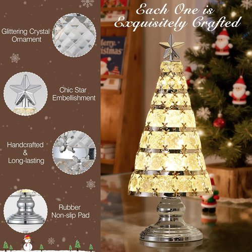Lewondr Christmas Tree Lamp - 14 Inch Battery Powered Crystal Treetop Light | Handmade Glass Ornament in Silver