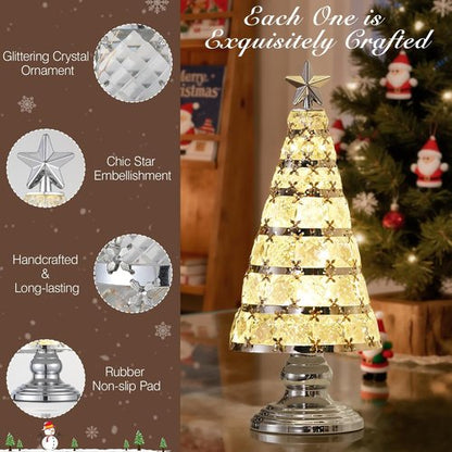 Lewondr Christmas Tree Lamp - 14 Inch Battery Powered Crystal Treetop Light | Handmade Glass Ornament in Silver