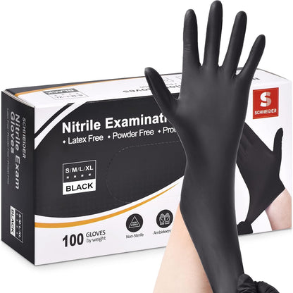 Schneider Nitrile Exam Gloves - 4 Mil Black Disposable, Latex-Free & Food Safe for Cooking | 100 Count