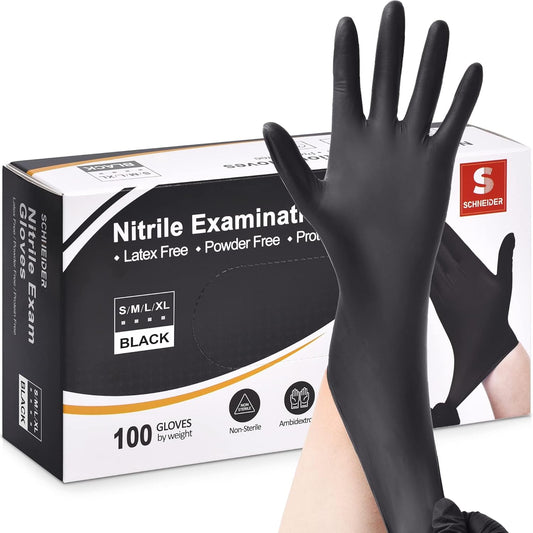 Schneider Nitrile Exam Gloves - 4 Mil Black Disposable, Latex-Free & Food Safe for Cooking | 100 Count