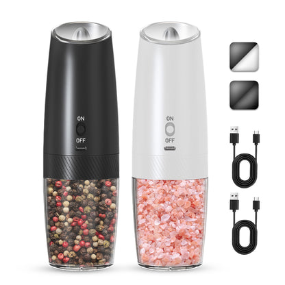 UNNEES Rechargeable Salt And Pepper Grinder Set Electric, Gravity Electric Salt And Pepper Grinder Set Electric, Salt And Pepper Shakers Set Electric, Adjustable Coarseness, LED Light, (Black+White)