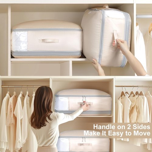 Comforter Storage Bag - Large Capacity 3-Layer Compression Organizer | Washable Beige 2-Pack
