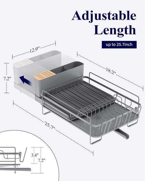 Kitsure Extendable Dish Drying Rack - Large Multifunctional Rack with Cutlery & Cup Holders | Grey, 18.2"-25.7" L x 12.9" W