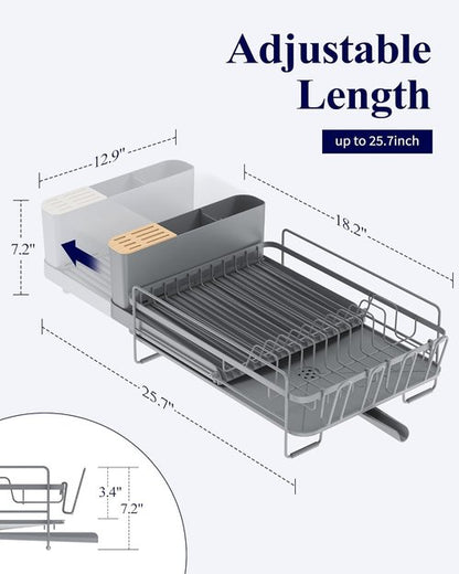 Kitsure Extendable Dish Drying Rack - Large Multifunctional Rack with Cutlery & Cup Holders | Grey, 18.2"-25.7" L x 12.9" W