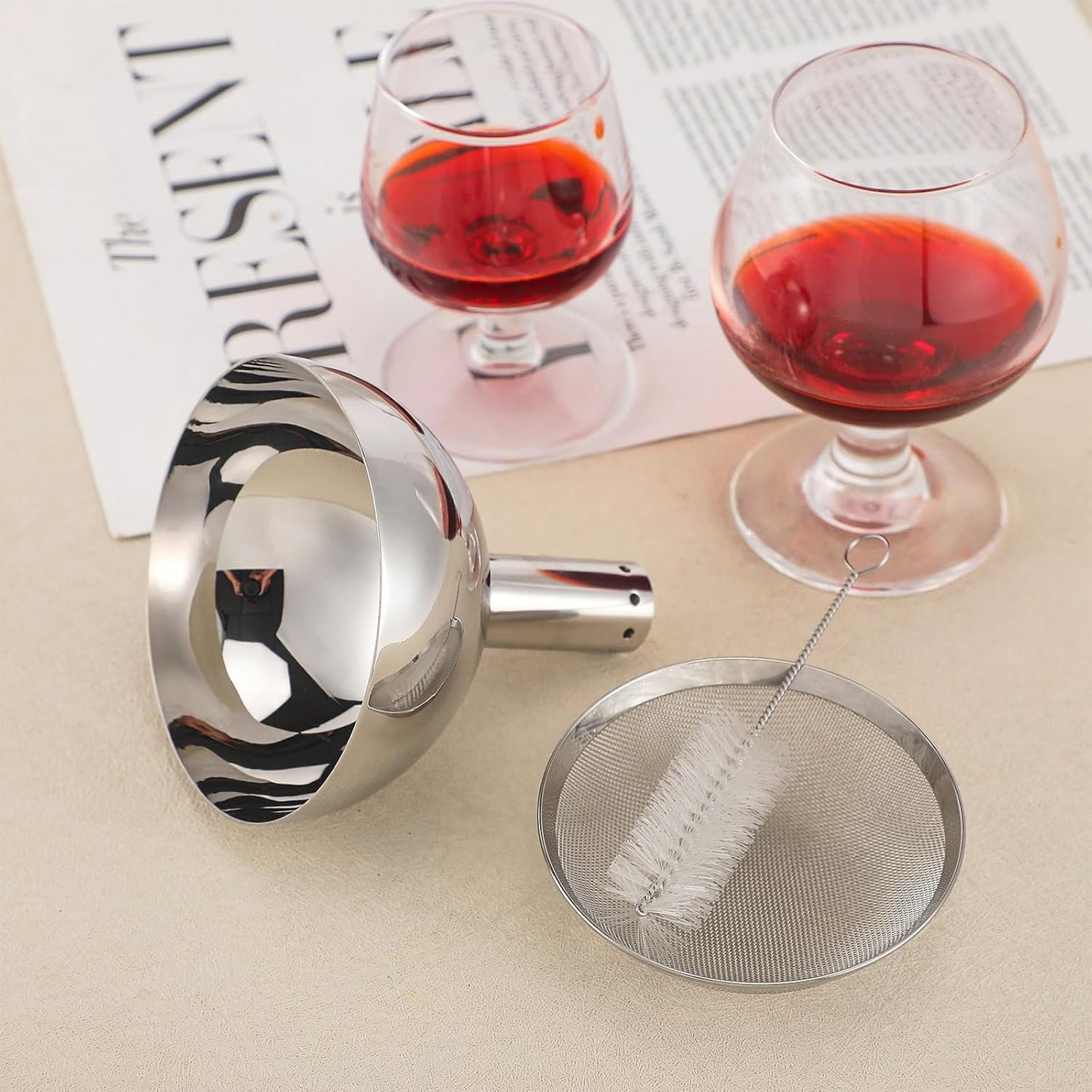 Wine Aerator Shower Funnel with Mesh Sediment Strainer Stainless Steel Aerating Decanter Funnel with Filter and Brushes for Christmas Wine Lover Gift(4)