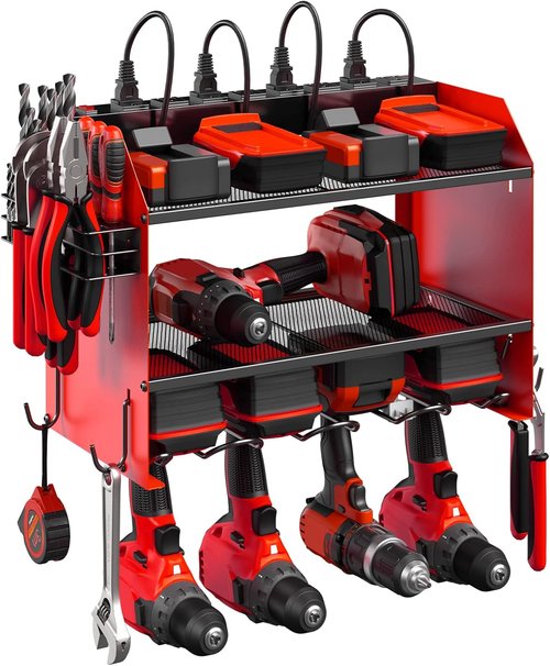 CCCEI Modular Power Tool Organizer - Wall Mount Charging Station with Heavy-Duty Rack & Hooks - Red