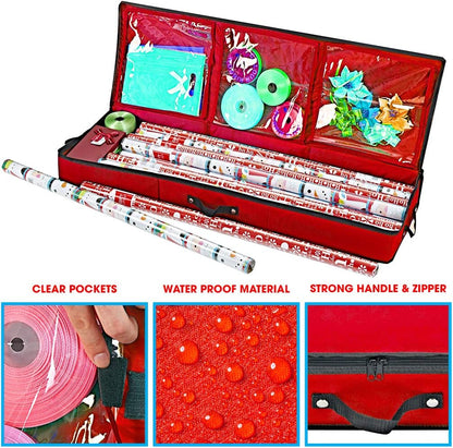 Primode Wrapping Paper Storage Container - Gift Wrap Organizer Under Bed | 41”x14”x6” | Holds 18-24 Rolls Up to 40” | Durable 600D Oxford | Includes Pockets for Ribbons and Bows (Red)