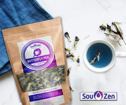 Sou Zen Butterfly Pea Flowers (80 g) Dried Tea Leaves | Natural, Raw Drink Mix w/Antioxidants, Organic Nootropics | Promotes Relaxing Calm, Stress Relief | Thai Herbal