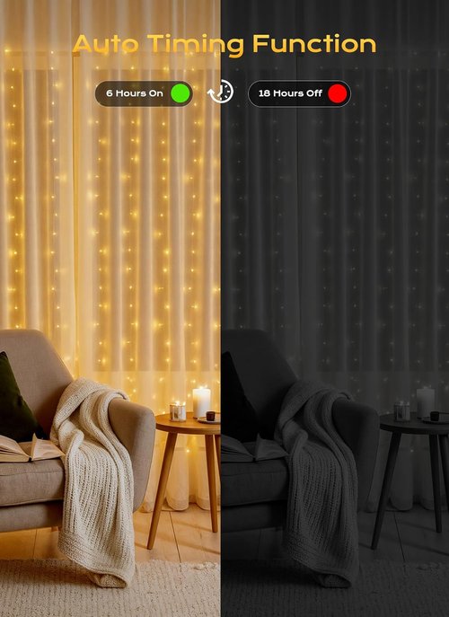 Brightown 300 LED Curtain Lights - 9.8 FT Fairy Lights with 8 Modes for Bedroom & Party Decor - Warm White