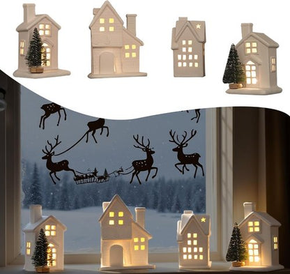 Christmas Village Set - 4 Lighted Ceramic Houses & 3 Trees | Indoor White Christmas Decorations