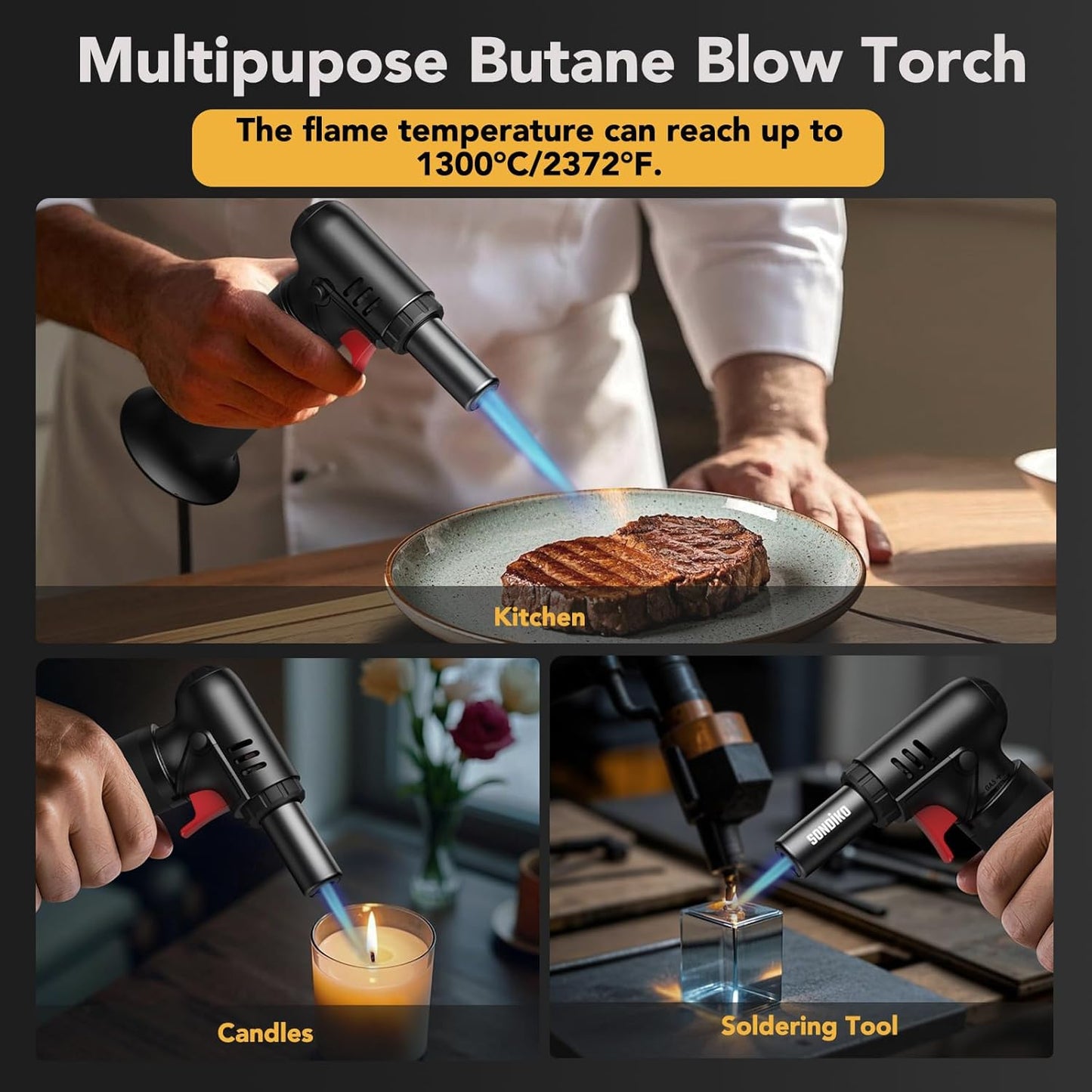 Sondiko Butane Torch Lighters - Refillable Soldering Torch with Adjustable Flame | 2 Pack with Fuel Window
