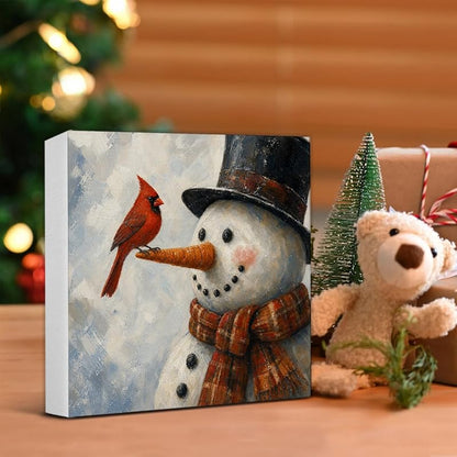 This listing: Christmas Snowman Decor Red Cardinal Wood Sign – 5 x 5 inches (Variation C)