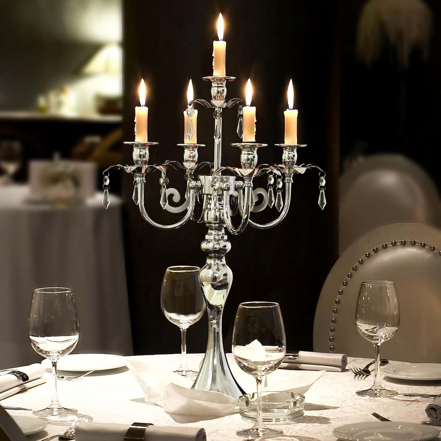 Skiennix 5-Arm Candle Holder - 20.3'' Tall Metal Candelabra for Elegant Home & Wedding Decor | Silver