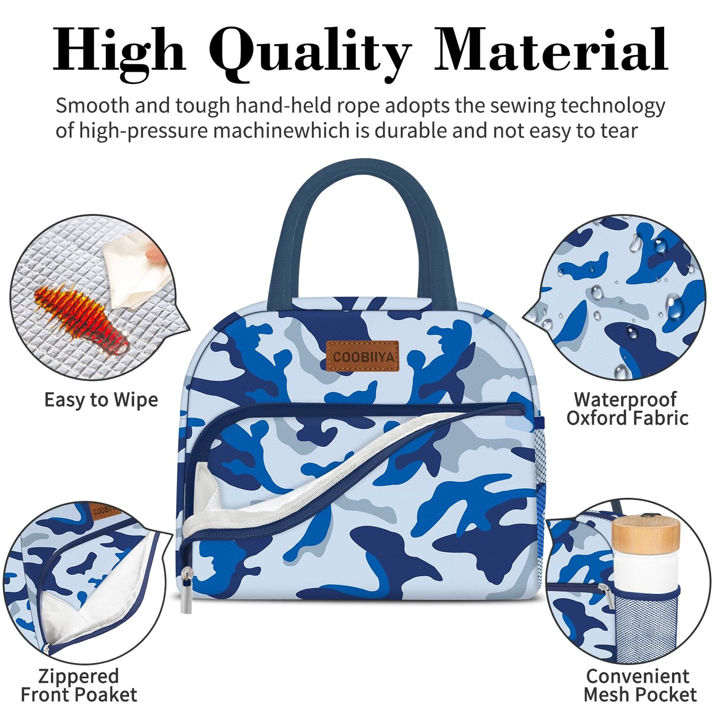 Coobiiya Lunch Bag Women, Lunch Box Lunch Bag for Women Adult Men, Small Leakproof Cute Lunch Tote Large Capacity Reusable Insulated Cooler Lunch Container for Work/Office/Picnic/Travel-Blue Camo