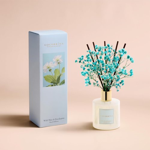 Cocorrína Reed Diffuser - Wild Mint & Eucalyptus | 6.7 Fl. Oz Set with Sticks & Preserved Baby's Breath for Home Decor
