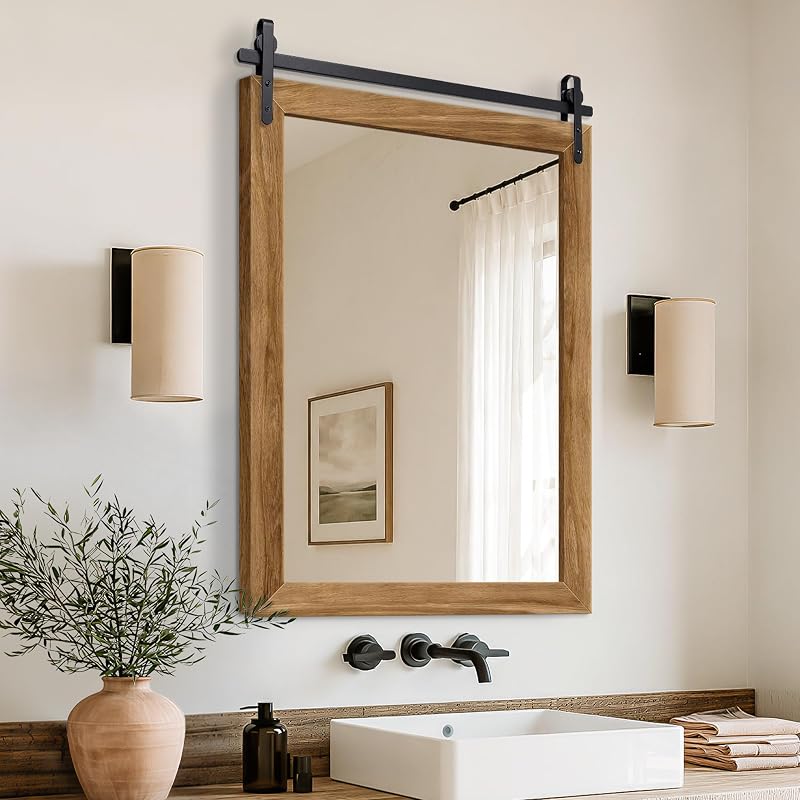 Wood Bathroom Mirror 24x36 in Farmhouse Brown Barn Door Design - Ready to Hang