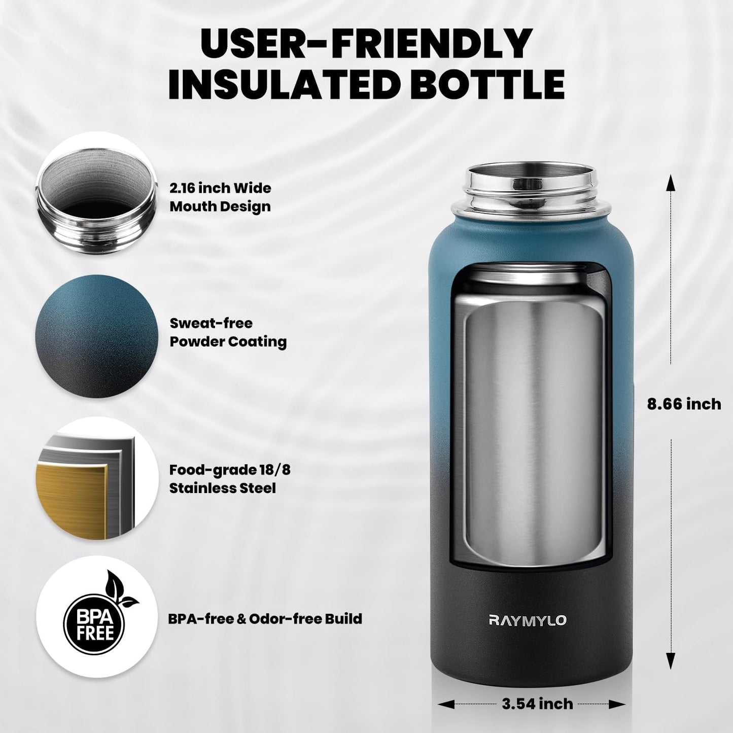 Skiennix Insulated Water Bottle - 32 Oz Triple Wall Vacuum Stainless Steel | Cold for 48 Hrs, Hot for 24 Hrs, Leak Proof
