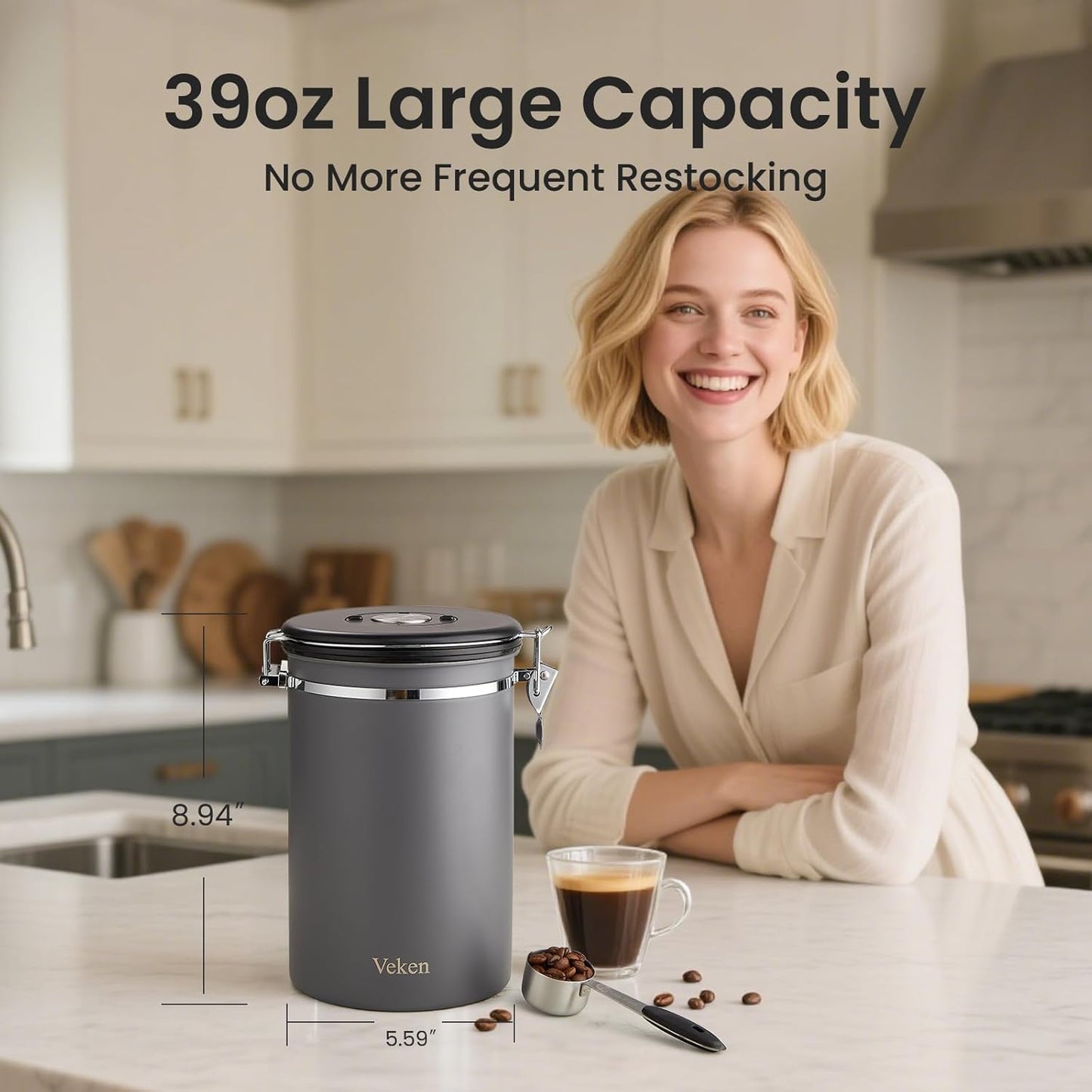 Veken Coffee Canister - 39oz Airtight Stainless Steel Storage for 2.2lbs Coffee, Sugar, Tea & More | Gray