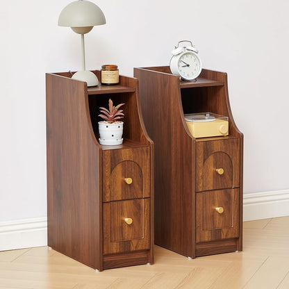 Ultra Narrow Nightstand Set of 2 with Charging Station — Walnut 2 Packs, 2 Drawers & Open Shelf