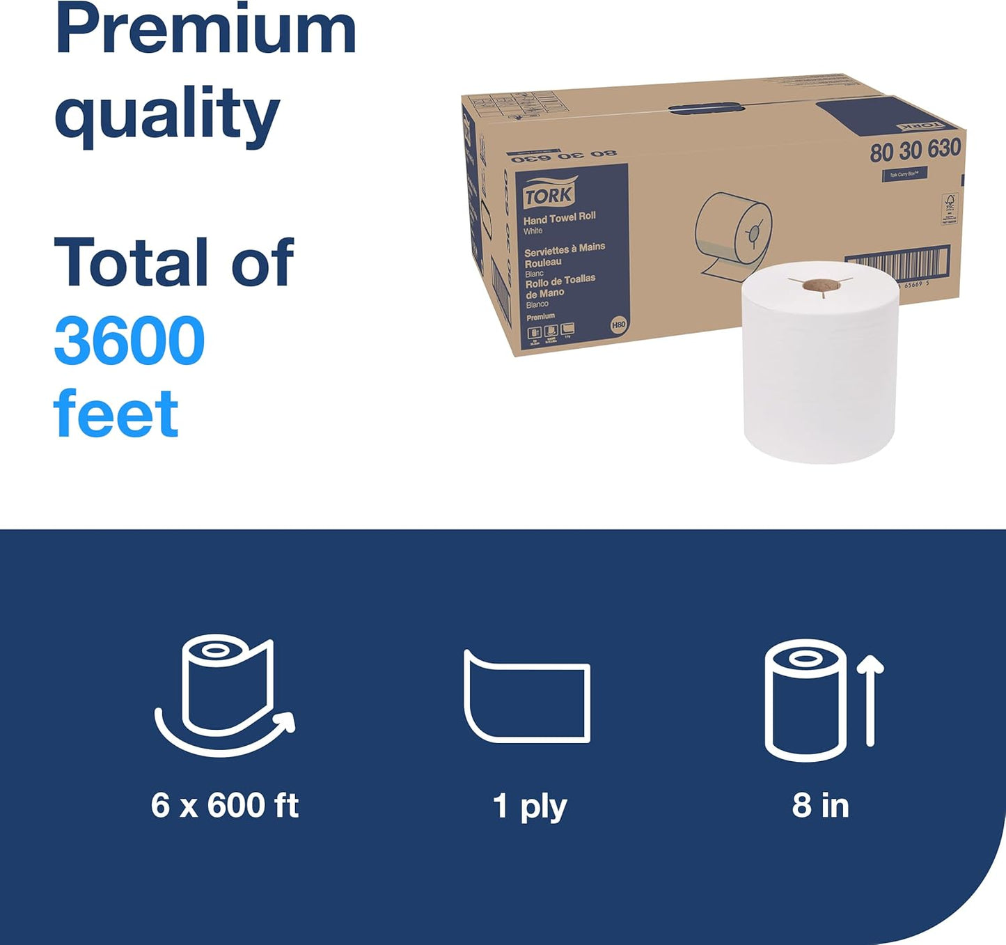 Tork Roll Hand Towels - Premium White, 6 Rolls | H80 Size for Superior Absorbency