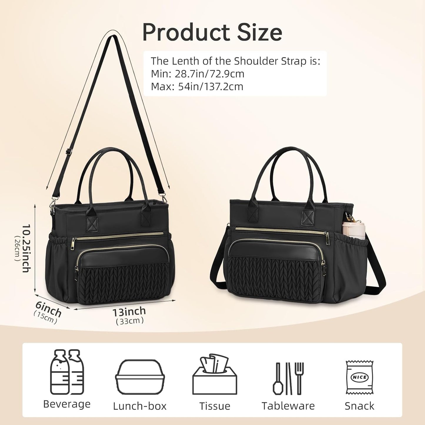 Skiennix Insulated Lunch Bag - Leakproof Tote with Adjustable Straps & Side Pockets | Classic Black