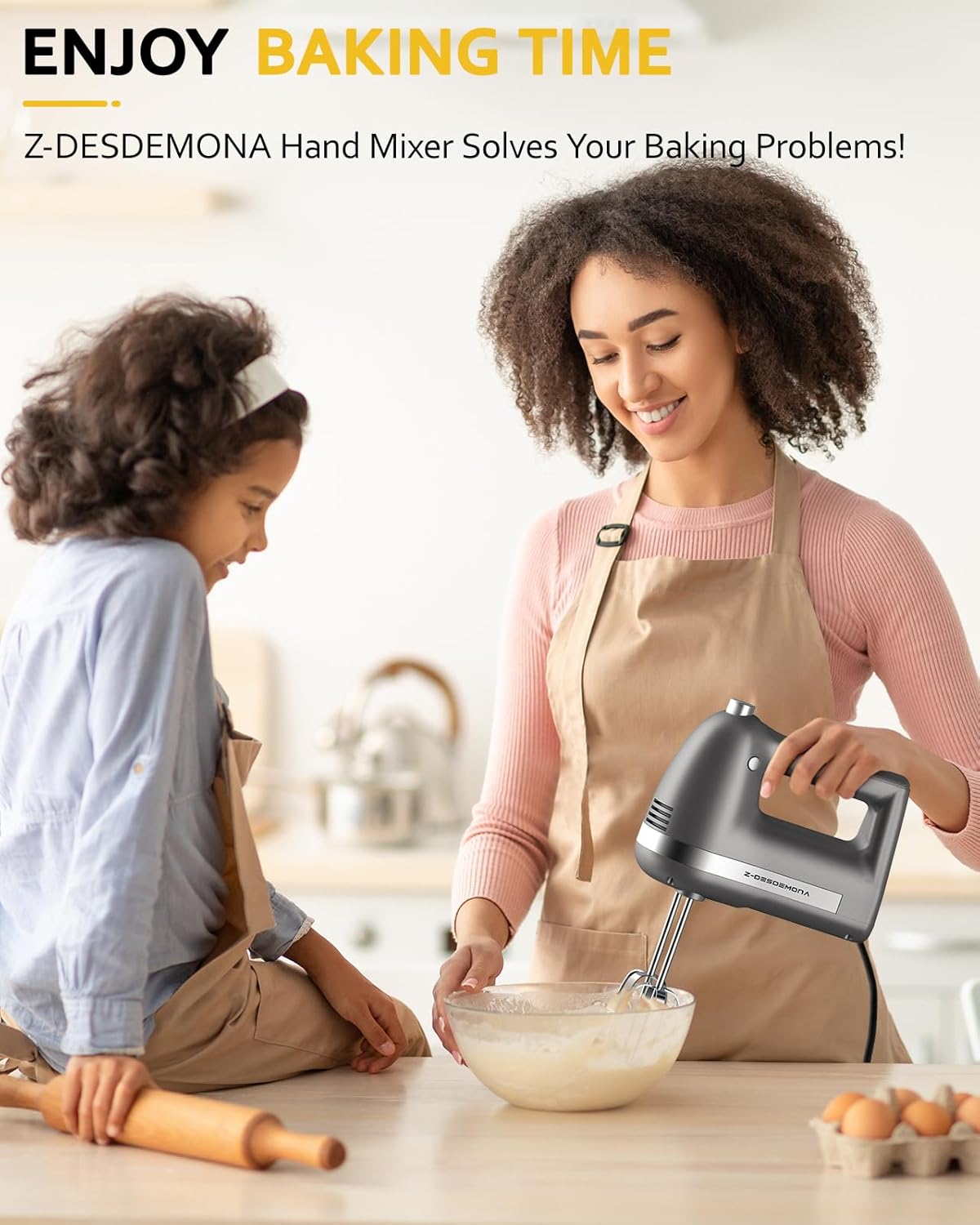 Skiennix Electric Hand Mixer - Powerful Handheld Mixer with 304 Beaters & Dough Hook | Turbo Function, Grey