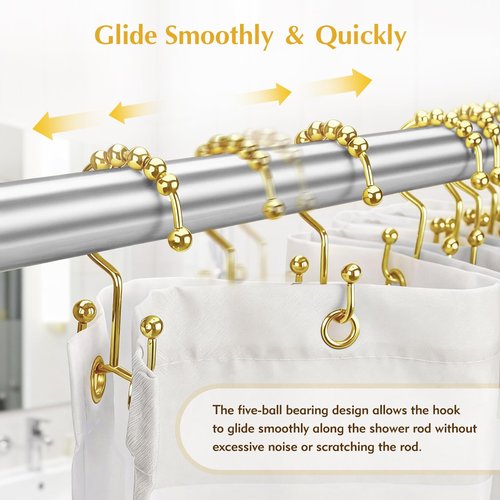ZASZO Upgraded 304 Stainless Steel Shower Curtain Hooks, 12-Pack Rust-Proof Heavy Duty Gold Shower Curtain Rings, Double Hook Glide Bathroom Hardware Set
