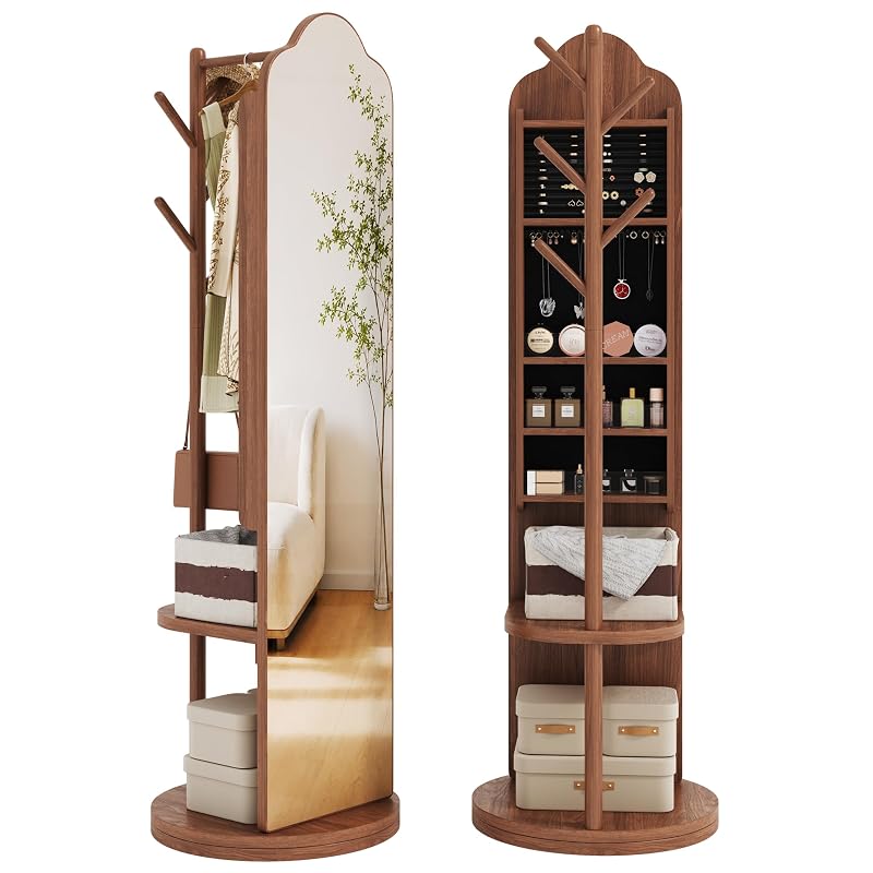 Full Length Mirror with Coat Rack & Storage – 66" L x 18" W Walnut Brown, 360° Rotating Solid Wood