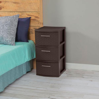 Sterilite 3 Drawer Storage Tower - Decorative Weave Organizer for Dorm, Closet & Bedroom - Espresso Finish