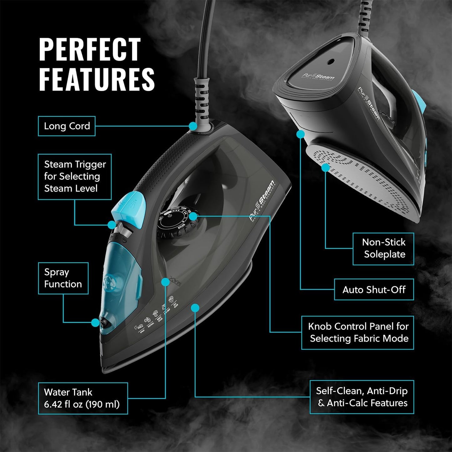 PurSteam Professional Steam Iron - 1250W Power with Burst of Steam & Spray | Non-Stick Soleplate, Easy Control