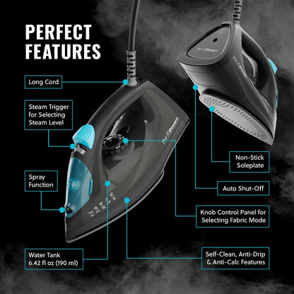 PurSteam Professional Steam Iron - 1250W Power with Burst of Steam & Spray | Non-Stick Soleplate, Easy Control