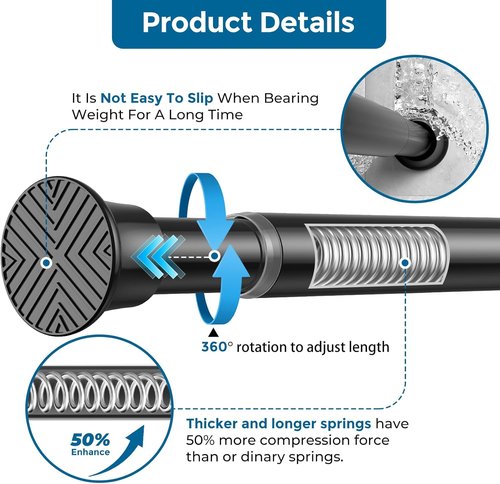 AIZESI Tension Rod - Adjustable 24 to 46 Inch Black Curtain Rod | No Drilling for Windows & Doorways