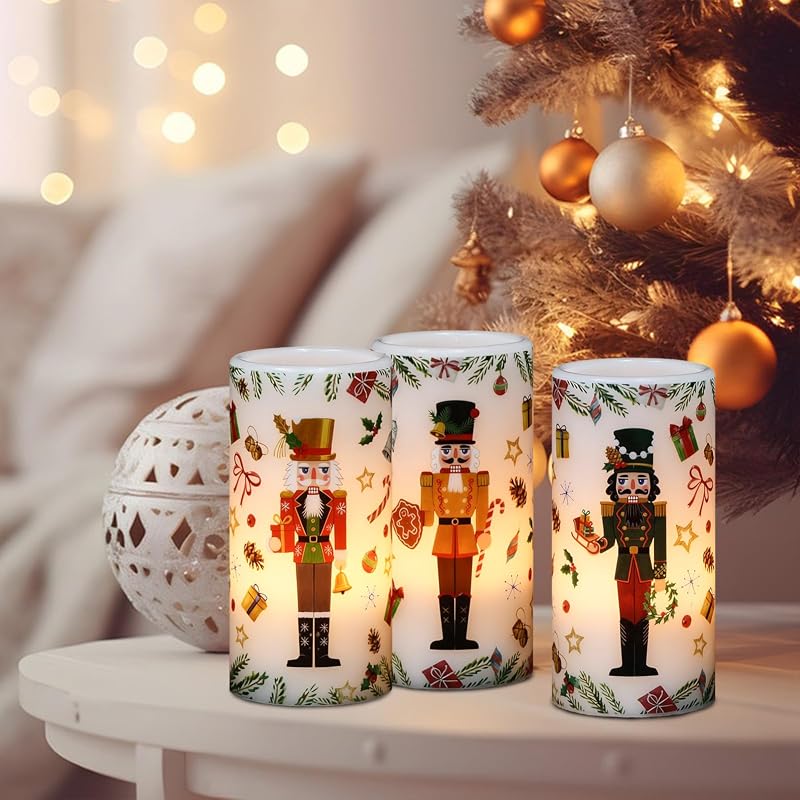 Christmas Nutcracker Flameless Pillar Candles with Remote Timer - 3 Pack