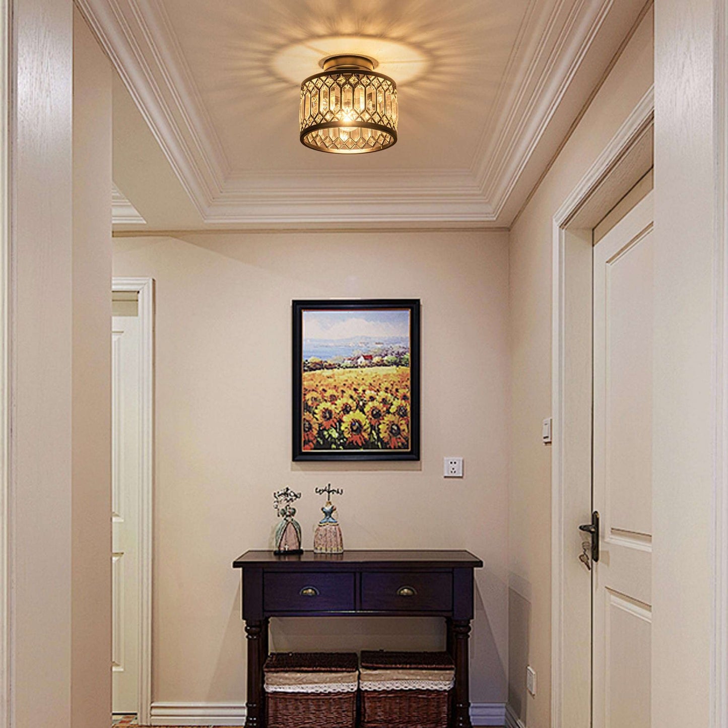 Rpzloila Crystal Ceiling Light Fixture, Modern Semi Flush Mount Ceiling Light,Crystal Chandelier for Kitchen Bedroom Bathroom Entryway Black (Bulb not Included)