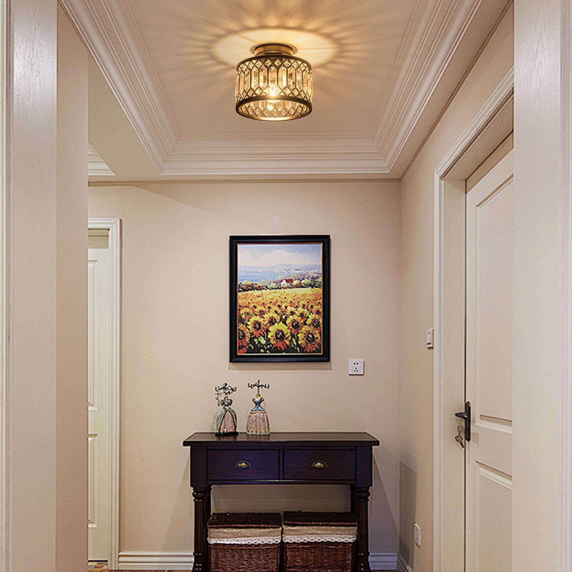 Rpzloila Crystal Ceiling Light Fixture, Modern Semi Flush Mount Ceiling Light,Crystal Chandelier for Kitchen Bedroom Bathroom Entryway Black (Bulb not Included)