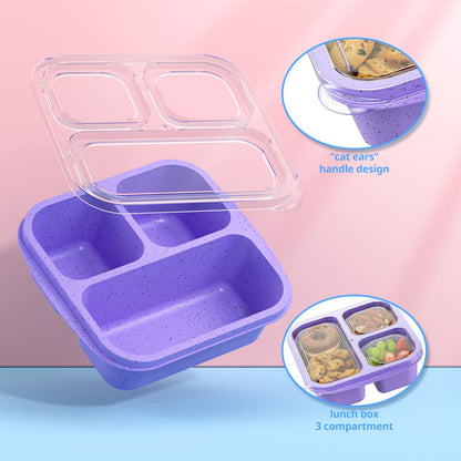 Enstphjoy Snack Boxes (3 Pack) - Stackable Bento Boxes with 3 Compartments, Meal Prep Containers Reusable, Lightweight Lunch Containers for Kids and Adults, BPA Free (Purple)