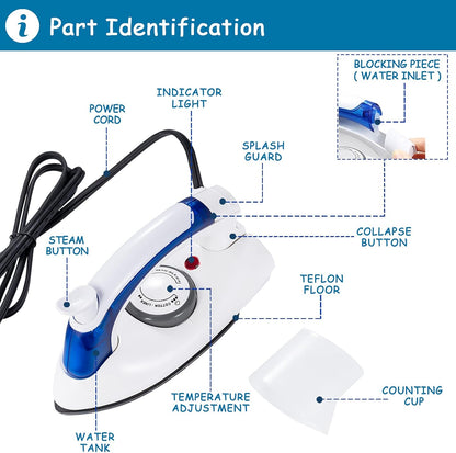 Skiennix Portable Travel Iron - Handheld Mini Steamer with Non-Stick Sole Plate & Detachable Water Tank