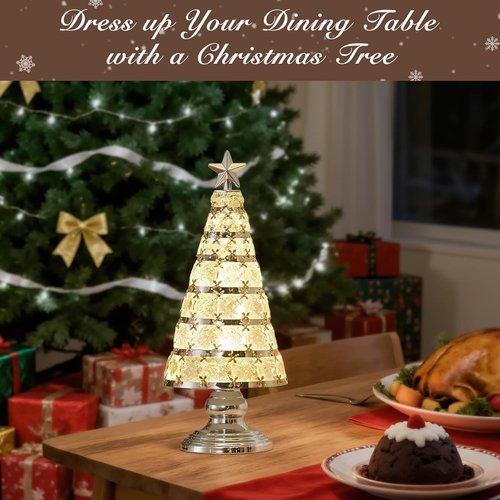 Lewondr Christmas Tree Lamp - 14 Inch Battery Powered Crystal Treetop Light | Handmade Glass Ornament in Silver