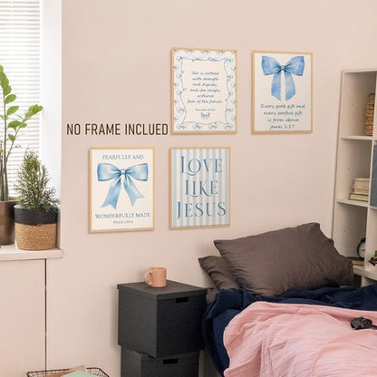 BRRNYOI Coquette Blue Bow Wall Art Posters Set - Bible Verse Decor for Girls' Room | 8x10 Unframed Canvas Prints