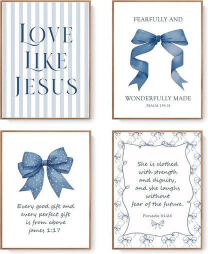 LARTSFRO Coquette Navy Blue Bow Wall Art - Inspirational Christian Decor for Teen Girls | 12x16 Inch Set of 4 Unframed Posters