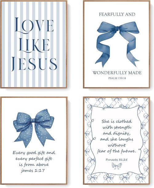 LARTSFRO Coquette Navy Blue Bow Wall Art - Inspirational Christian Decor for Teen Girls | 12x16 Inch Set of 4 Unframed Posters