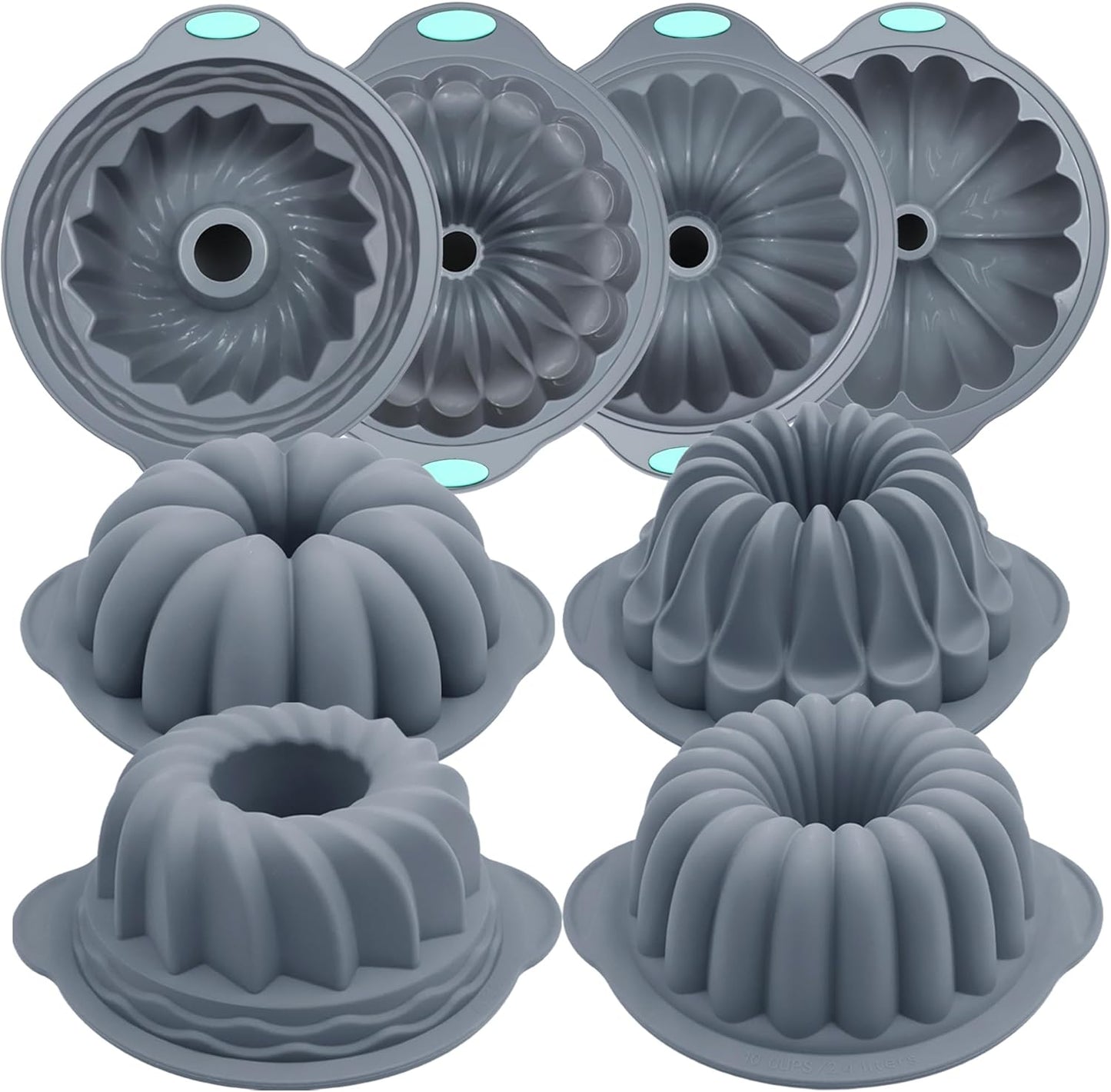 Tongjude Silicone Fluted Tube Cake Pans - 4 Pieces Non-Stick Baking Molds for Cakes, Jello & Bread | 10 Cups, Grey